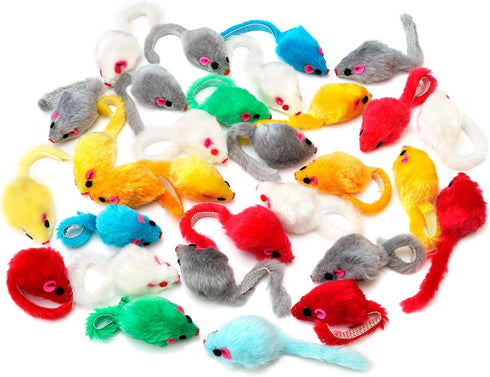 CHIWAVA 60PCS Furry Cat Toy Mice Rattle, Small Mouse Kitten Interactive Play Assorted Colors