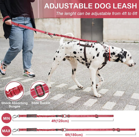 Tactical Dog Leash Heavy Duty - 4-6FT Shock Absorbing Bungee with Reflective Military Strong No Pull, 2 Padded Handles,
