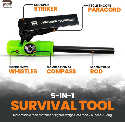 Rainier Rugged 5-in-1 Glow-in-The-Dark Fire Starter Kit - Compact Portable Hiking, Camping, Trekking, Emergency