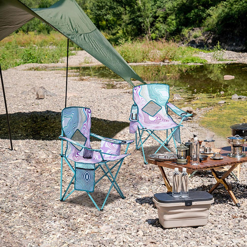 2 Pack 2 Pack) Nazhura Folding Camping Chair with Cooler Pouch, Mesh Backrest and Cup Holder Pocket (Flower
