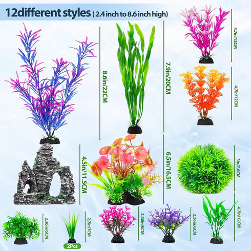 13Pcs Fish Tank Artificial Plastic Plants & Cave Rock Decor Set - Aquarium Decorations Kit