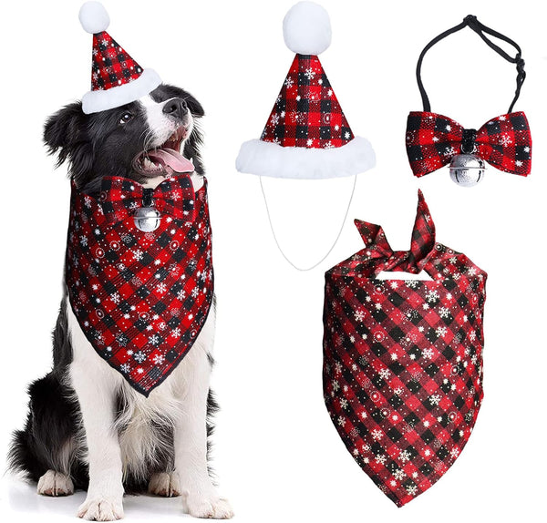 STMK Christmas Snowflake Dog Bandana Costume, Classic Plaid Scarf Hat Bow Tie with Bell Decoration for Pets