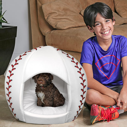 Maccabi Art Baseball Dog Bed, 16x18x16 Igloo Design, Sports Themed for Small Dogs, Puppies, and Cats