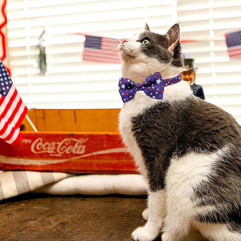 4th of July Cat Bow Tie Collar with Bell - Patriotic USA Flag Collars for Male and Female Cats