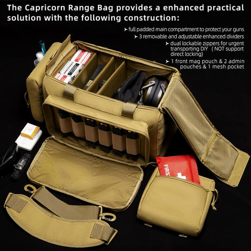 Range Bag for Handgun Ammo Shooting, L/XL Gun Case Carry 5+ Pistols with Lockable Zipper Molle Strap