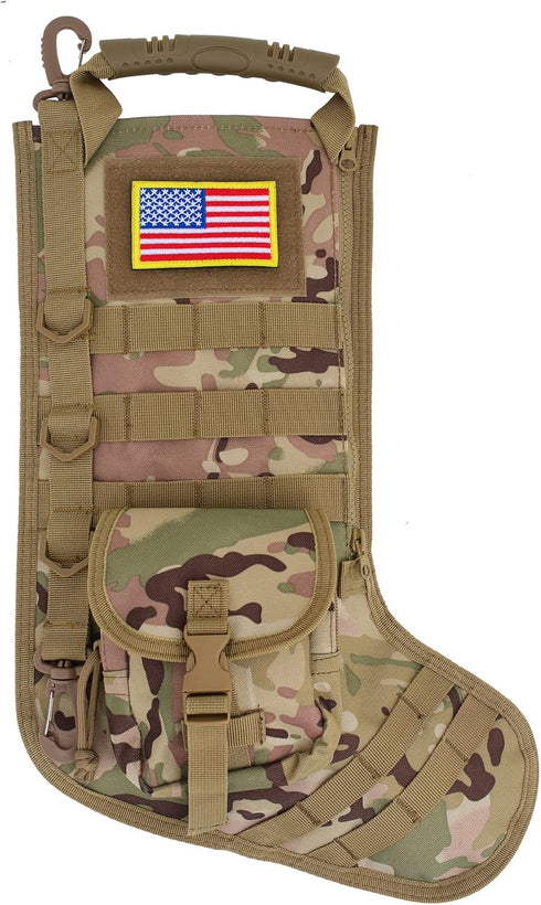 Tactical Christmas Stocking - MOLLE Webbing with Flag Patch, Zip Pocket, Gift for Veterans and Outdoorsy People