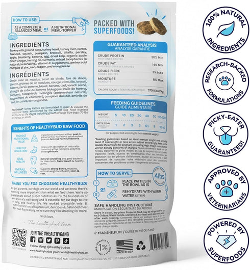 healthybud Raw Dog Food - Freeze Dried Turkey Patties, Grain Free Puppy Food, Human Grade, High Protein, Dehydrated