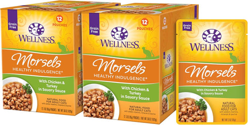 Wellness Healthy Indulgence Morsels Grain-Free Wet Cat Food, 3 Oz Pouches, Chicken & Turkey, 24 Pack