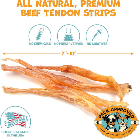 Pack 7-10" (12ct) Approved Beef Tendons for Large Dogs & Medium Breeds - Digestible Chews & Dog Treats for Large Dogs