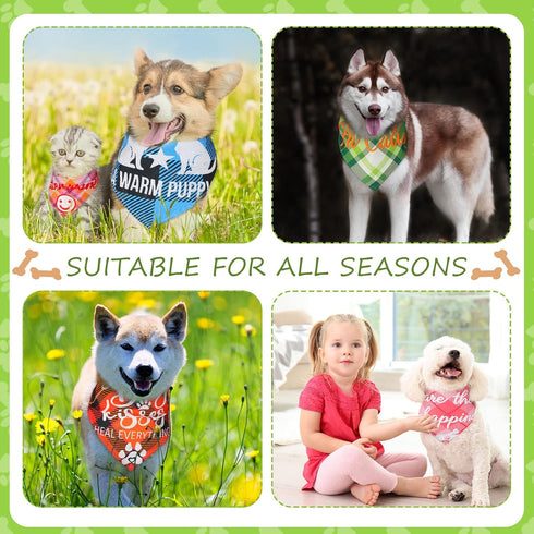 50 Pcs Plaid Dog Bandanas Bulk Cute Dog Scarf Bibs Puppy Pet Bandanas with Captions Adjustable Cat Outfit Washable