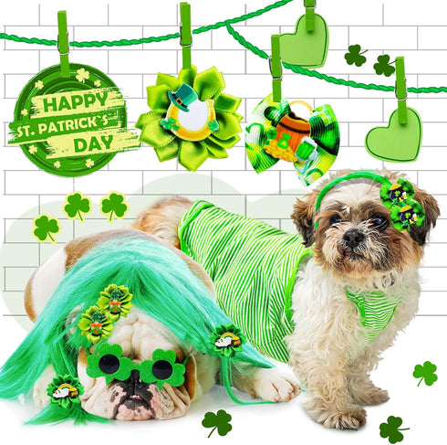 80pcs St.Patrick's Day Dog Hair Bows, Holiday Small Pet Grooming Bows with Rubber Bands, Green Clover Accessories