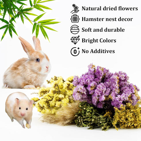 42Pcs Sukh Herb Bedding Habitat Decor - Natural Flower Hamster Mate Herbs Sprays Cage Safe Pet Accessories Decorations