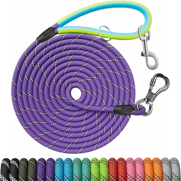 NTR Dog Rope Leash, 20FT Recall Training Lead with 2 Swivel Hooks, Reflective Threads and Soft Rubber Handle, Puppy