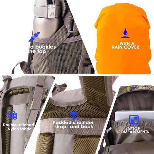Waterproof Camo Hunting Backpack with Rain Cover and Bow/Rifle Holder for Camping, Hiking
