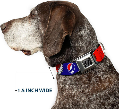 Dog Collar Seatbelt Buckle, Steal Your Face Lightning Bolt Repeat, Red White Blue, 18 to 32 Inches, 1.5 Inch Wide