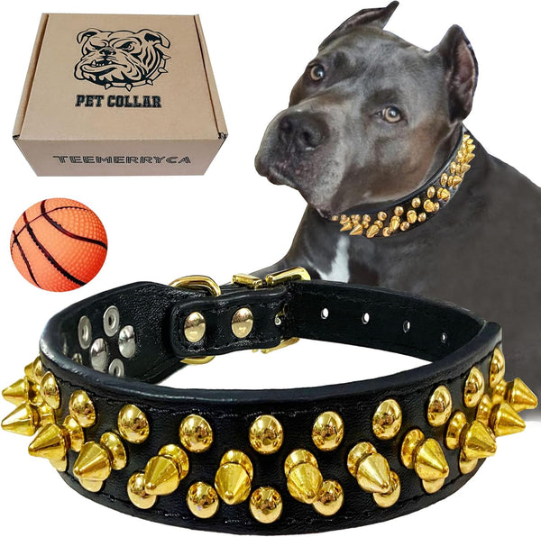 TEEMERRYCA Black Leather Dog Collar with Gold Spikes for Small Medium Large Pets, Pit Bulls/Bulldogs, XS (8.3"-10.6")