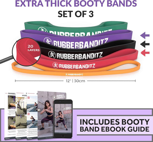 Rubberbanditz Extra Thick Booty Bands for Glutes and Legs Workouts - 5 Mini Resistance Band Sizes 5-100 lbs