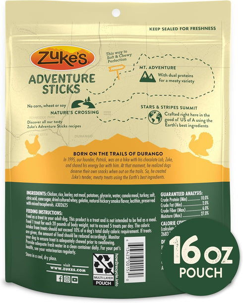 16 oz. Zukes Adventure Sticks Chicken and Turkey Dog Treats, Natural Dog Treat Sticks - Pouch