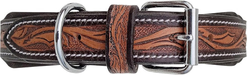 Leather Dog Collar, Western Style, Heavy Duty, Hand Tooled Floral, for Puppies and Big Dogs