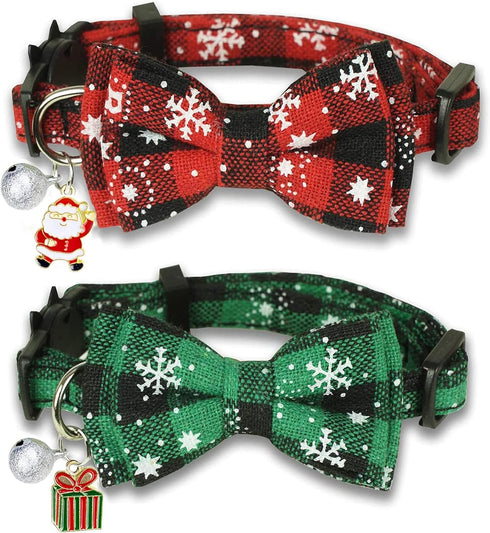 Christmas Cat Collar with Bow Tie and Bell, 2 Pack Holiday Breakaway Collar for Male Female Cats
