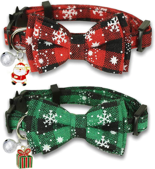 Christmas Cat Collar with Bow Tie and Bell, 2 Pack Holiday Breakaway Collar for Male Female Cats