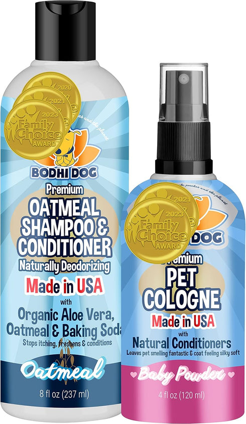 Bodhi Dog Baby Powder Scented Cat & Dog Cologne 4oz + Oatmeal Dog Shampoo & Conditioner 8oz for Sensitive Skin