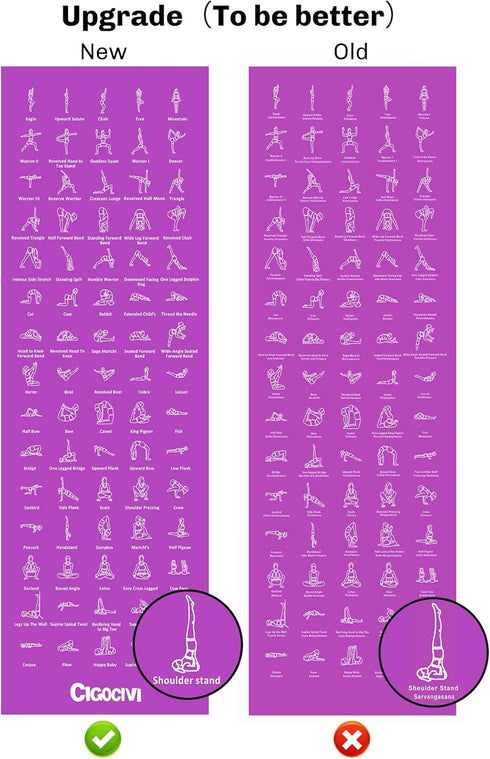 Upgrade Instructional Yoga Mat with 75 Poses Printed, 6mm Travel Mat with Bag, Purple & Blue