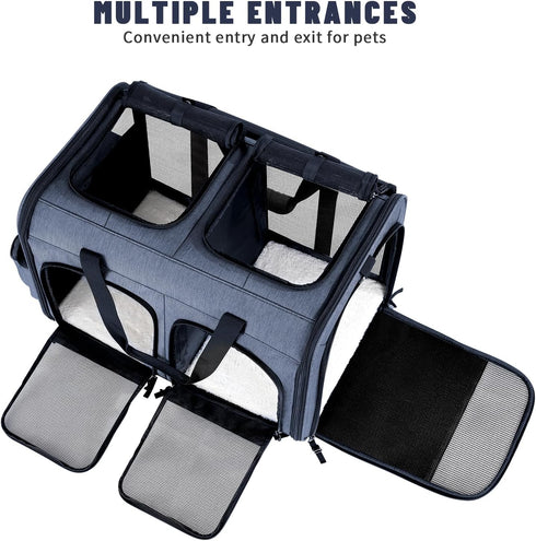 2 2 Cat Carrier for Cats, Foldable Double Cat and Dog Carrier, Small to Medium Size, Front Zippered Compartments,Two