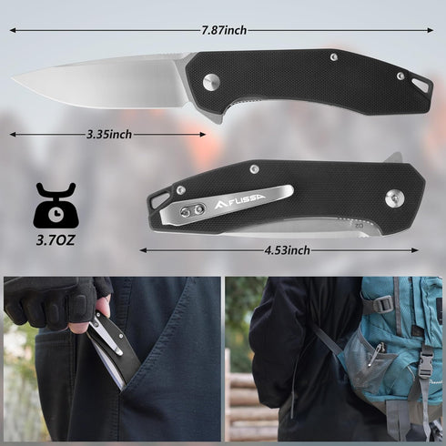 FLISSA Pocket Knife, Folding Tactical Knife with G10 Handle, D2 Blade, Liner Lock, EDC Knife