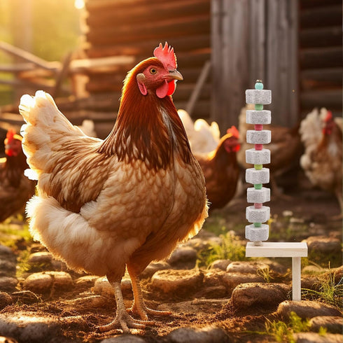 MinrzPet 2 Pack Chicken Toys - Chicken Coop Accessories with Calcium Stone & Wood Stake - Enrichment Toys for Hens