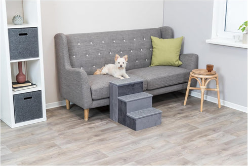 TRIXIE Velour 3-Step Pet Stairs with Storage, Collapsible, Gray, Storage Compartments for Pet Toys