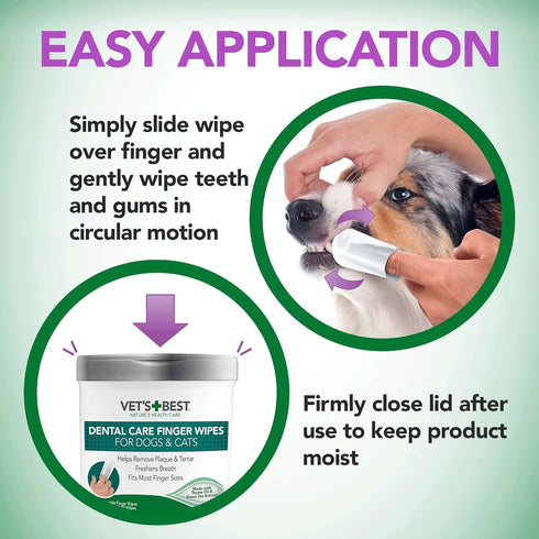Vet's Best Dental Care Finger Wipes, 50 Count, Reduces Plaque & Freshens Breath for Dogs & Cats