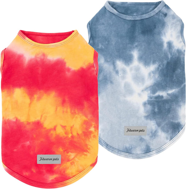 Fitwarm 2 Pack Dog Tie Dye Shirt, Breathable Cotton Clothes for Small Dogs, Pet Cat Outfit, Orange, Blue, XXL