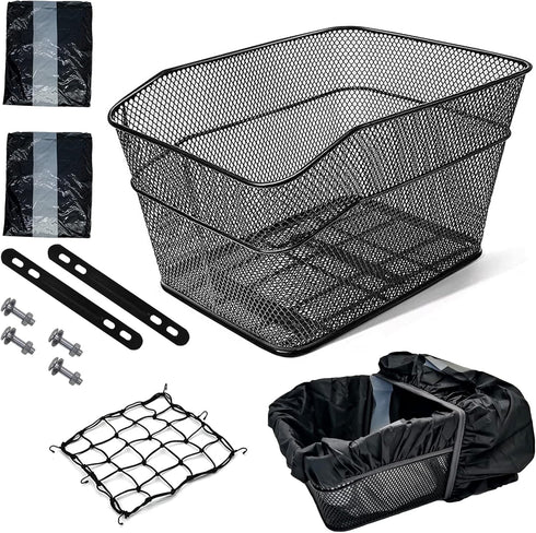 Rear Bike Basket, Bicycle Rack Basket with Rainproof Reflectors and Cargo Net, 15.45 * 11.6 * 7.1 inches