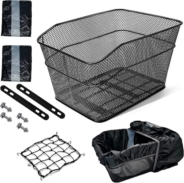 Rear Bike Basket, Bicycle Rack Basket with Rainproof Reflectors and Cargo Net, 15.45 * 11.6 * 7.1 inches