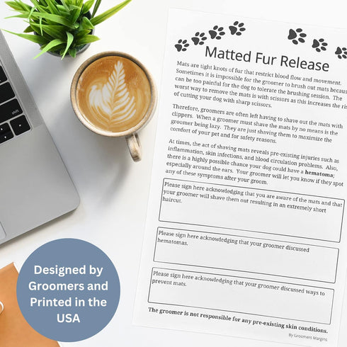 Dog Grooming Matted Fur Release Forms - Pad of 100, 5.5 X 8.5 Inches for Grooming Salon