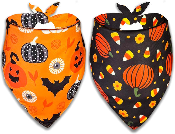 2 Pack Halloween Dog Bandana, Holiday Cat Pumpkin Candy Corn Bandana Bibs