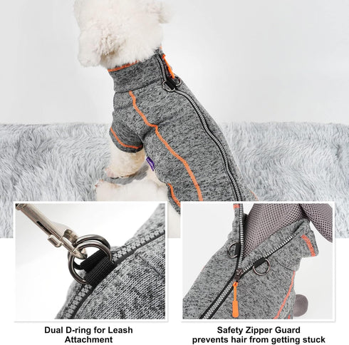 cyeollo Grey Dog Sweater Coat, Fleece Jacket with Reflective Zip Up, Dual D Ring, Warm Winter Coat for Small Dogs,