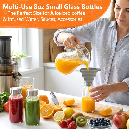 8 oz 12 Pack Luxfuel Glass Water Bottles with Lids, Small Glass Juice Bottles with Stainless Steel Caps & Funnel