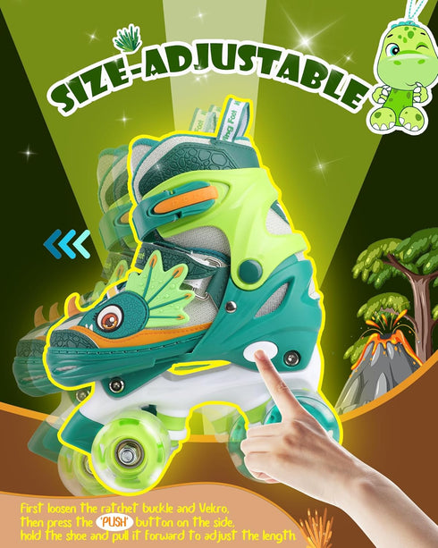 Dino Kids Toddler Roller Skates for Boys Girls,WESKIFAN Dinosaur Quad Skating Shoes with Shiny Light up