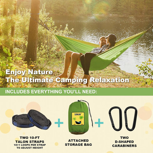 SZHLUX Camping Hammock, Double & Single Portable with 2 Tree Straps, Great for Hiking, Outdoor, Beach