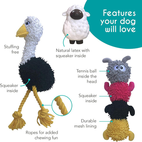 rocket & rex 3-Pack Dog Chew Toy Gift Set - Rope Toy, Rubber Squeaker, and Plush Ball for Small to Medium Breeds