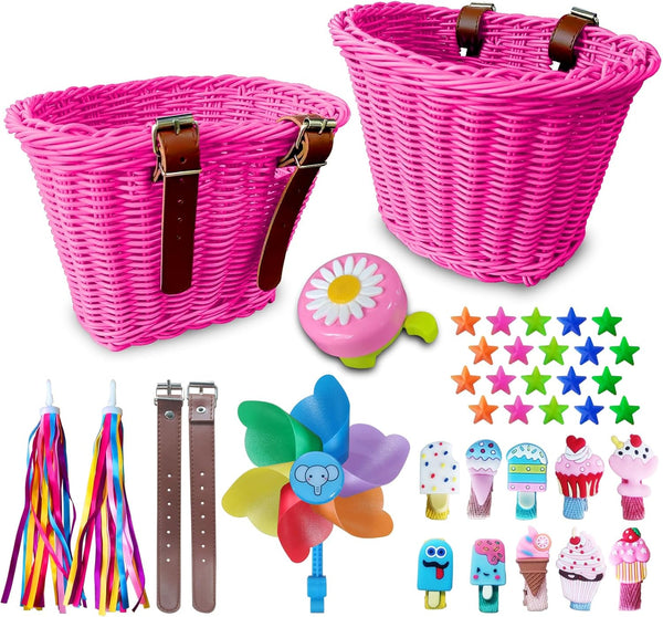 Kid's Adjustable Bicycle Basket Streamers Set, Front Handlebar Kit with Colorful Streamers, Bell, Windmill for Girls