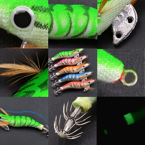 Glow Squid Jigs Saltwater Fishing Lures Kit, 10pcs Luminous Shrimp Prawn Lures for Cuttlefish Octopus Fishing