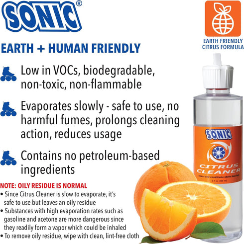 SONIC 8 oz, Citrus Skate Bearing Cleaner, Cleans Inline Skate, Roller Skate and Skateboard Bearings, Earth friendly