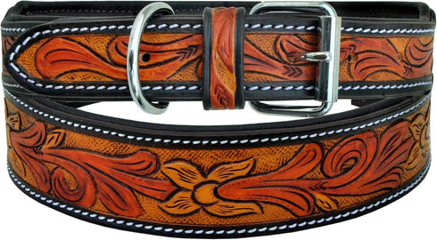 Adjustable Padded Soft Leather Dog Collar, Western Style Heavy Duty Hand Tooled for Puppies and Big Dogs 10AB108-M