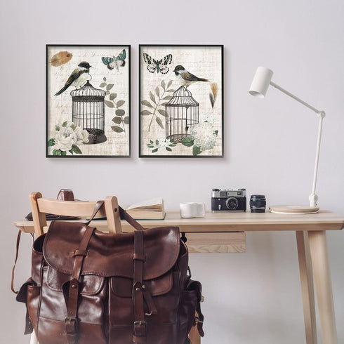 Stupell Industries Vintage Perched Bird Cage Butterfly Timeless Cursive 2pc set Framed Wall Art, Design by Nan