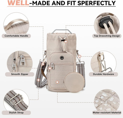 40 Water Bottle Carrier Bag with Strap, Sling Bag for Walking, Hiking, Cycling, Black, Ounces