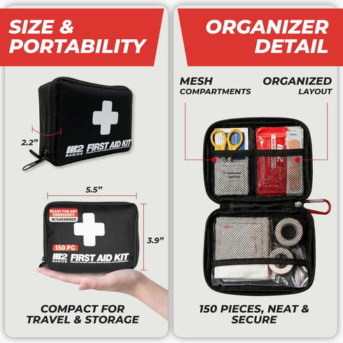 M2 150 BASICS Compact First Aid Kit, Pieces, Portable Emergency Kit with Carry Bag and Carabiner for Travel, Car