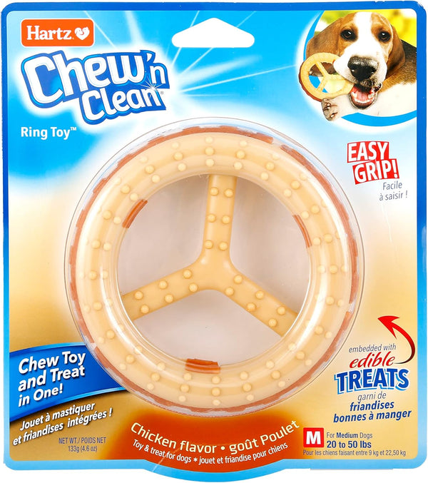 Hartz Chew ‘n Clean Chew Toy and Treat in One, Chicken Flavored Ring Dog Toy, Medium